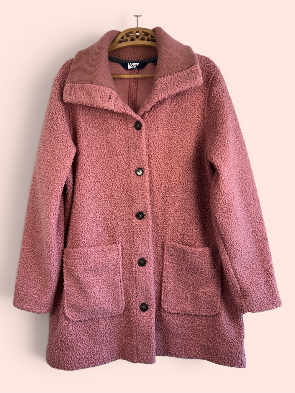 Lands' End Women's Size L Rose Pink Button Front Teddy Coat